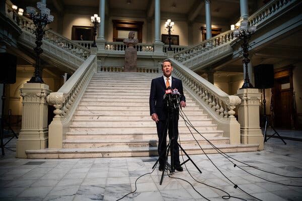 Gov. Brian Kemp of Georgia at a news conference in December. Two rural counties are censuring Mr. Kemp and others for being disloyal to Trump. 