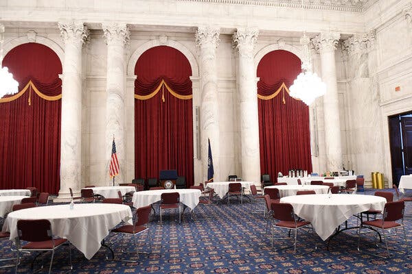 A view of the Kennedy Caucus Room on Capitol Hill in March, 2020, set up for a Republican policy lunch that was attended by Sen. Rand Paul, R-Kentucky.