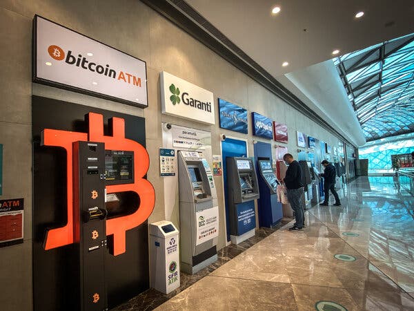 A Bitcoin A.T.M. in an Istanbul shopping mall. Many Turks have turned to cryptocurrencies as a hedge against inflation.