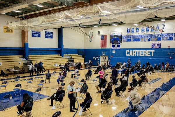 A mass vaccination event for teachers at Carteret High School in Carteret, N.J., this month.
